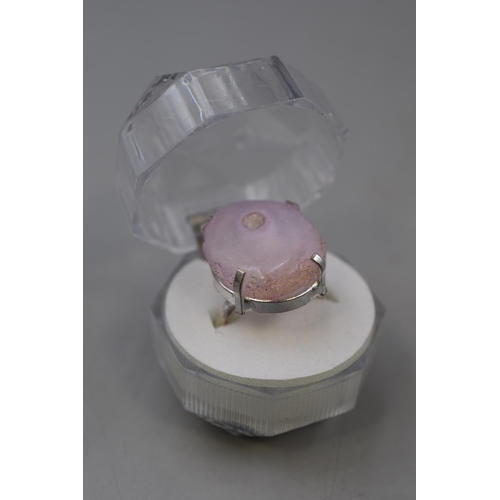 19 - A 925. Silver Rose Quartz Druzy Stoned Ring, In Presentation Box