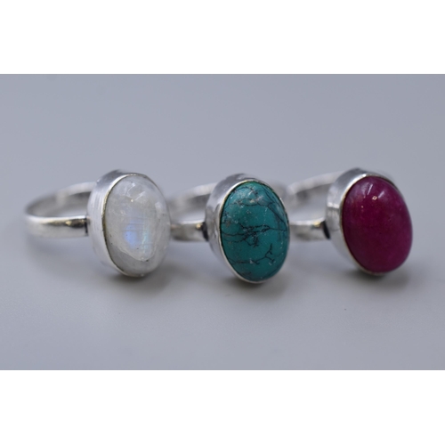 59 - Three 925. Silver Rings, Includes Turquoise Stoned, Moonstone, And Kashmir Ruby. Size P