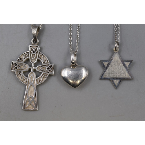 65 - Three silver 925 necklaces Heart pendant, Celtic cross pendant and Star of David pendant all on chai... 