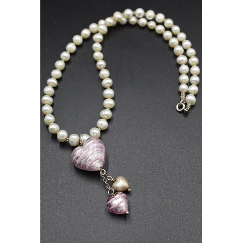 74 - A 925. Silver Clasped Pearl Necklace, With Heart Pendant