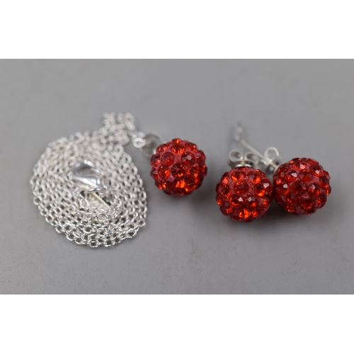 81 - Silver 925 chain with red ball pendant and matching earrings set