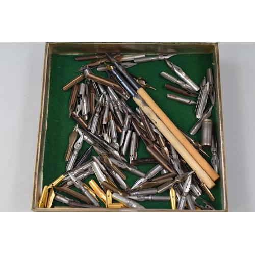 243 - Vintage Brass Storage Box with Contents of Two Calligraphy Pens and a Large Selection of Nibs