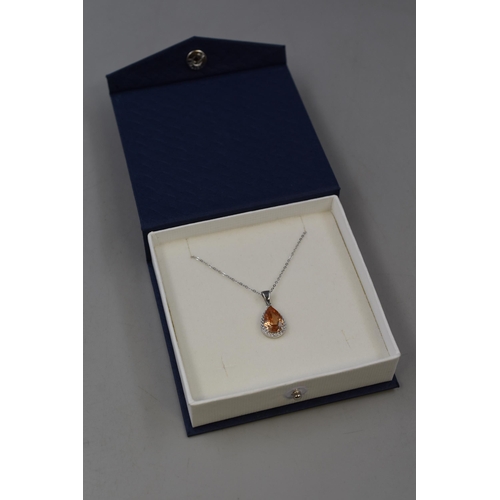 97 - Silver 925, Clear & Orange Stoned Necklace, Complete with Presentation Box