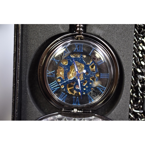 116 - TREEWETO Pocket Watch In Double Case Engraving Skeleton Dial with Chain In Presentation Box Includin... 