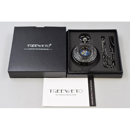 116 - TREEWETO Pocket Watch In Double Case Engraving Skeleton Dial with Chain In Presentation Box Includin... 