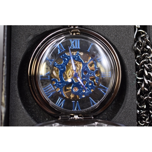 117 - TREEWETO Pocket Watch In Double Case Engraving Skeleton Dial with Chain In Presentation Box Includin... 