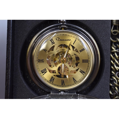 119 - TREEWETO Pocket Watch in Antique Brass Colour with Chain in Presentation Box in Working Condition in... 