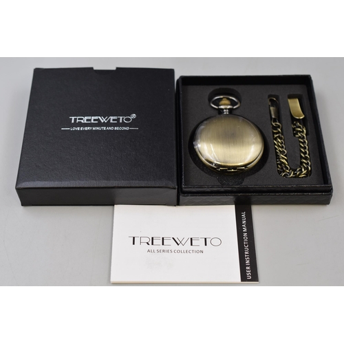 119 - TREEWETO Pocket Watch in Antique Brass Colour with Chain in Presentation Box in Working Condition in... 