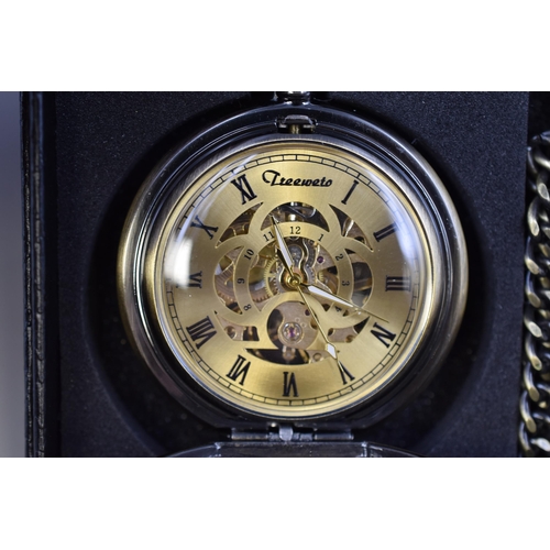 120 - TREEWETO Pocket Watch in Antique Brass Colour with Chain in Presentation Box in Working Condition in... 