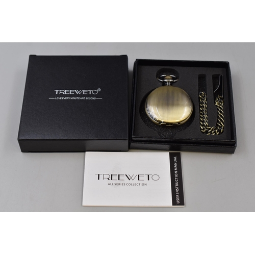 120 - TREEWETO Pocket Watch in Antique Brass Colour with Chain in Presentation Box in Working Condition in... 