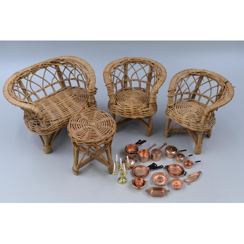 133 - A Four Piece Miniature Wicker Furniture Set, With A Selection of Copper Doll's House Kitchen Ware, A... 