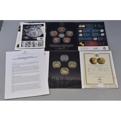 152 - Battle of Waterloo Bronze 5 Coin Set and a London Mint Office Gold Plated WWI 4 Coin Set both with P... 