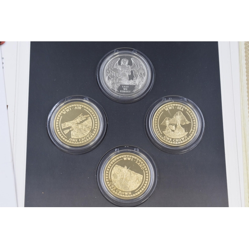 152 - Battle of Waterloo Bronze 5 Coin Set and a London Mint Office Gold Plated WWI 4 Coin Set both with P... 