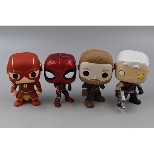 176 - Four funko pops to include Captain America, Spiderman, Deadpool and The Flash