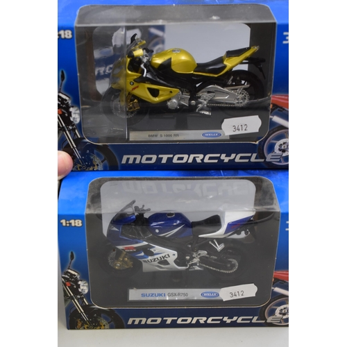 192 - Selection of Six Die-Cast Model Motorcyles by 'Welly' Scale 1:18 to Include, Kawasaki Ninja, BMW S 1... 