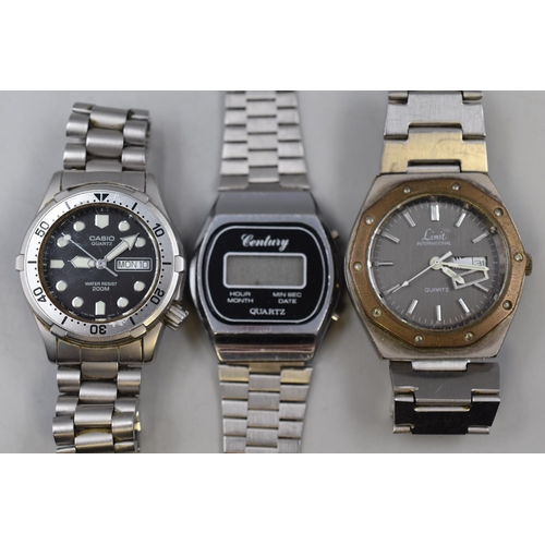 212 - Three Gents Quartz Watches, To Include Casio, Century Digital Watch, And Limit International (AF)