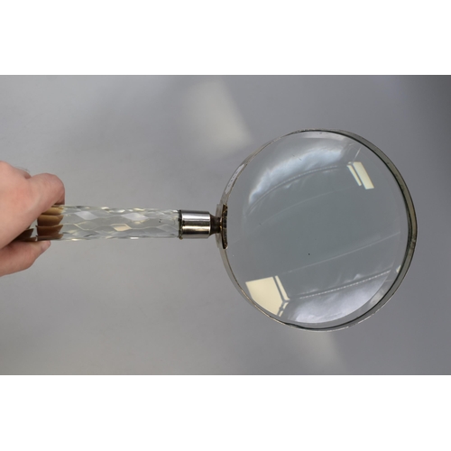 220 - LARGE Vintage Cut Crystal Glass Handled Magnifying Glass 14.5