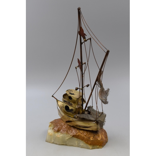 223 - Brass Fishing Boat with Signature standing on Marble Base (13