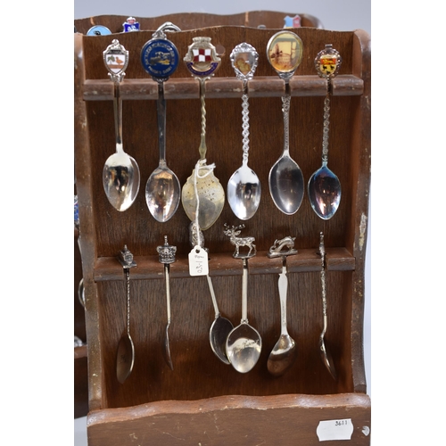 372 - A Large Selection of Collectable Teaspoons and Cake Forks, On Three Wooden Display Stands