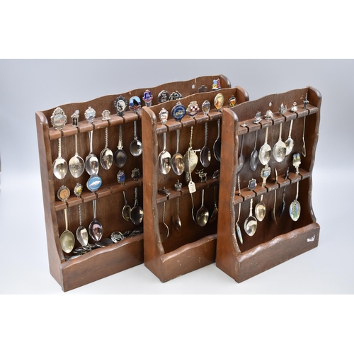 372 - A Large Selection of Collectable Teaspoons and Cake Forks, On Three Wooden Display Stands