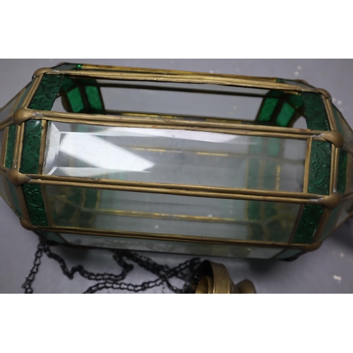 384 - Vintage brass/glass hanging lantern (requires attention, all parts in the box) 22