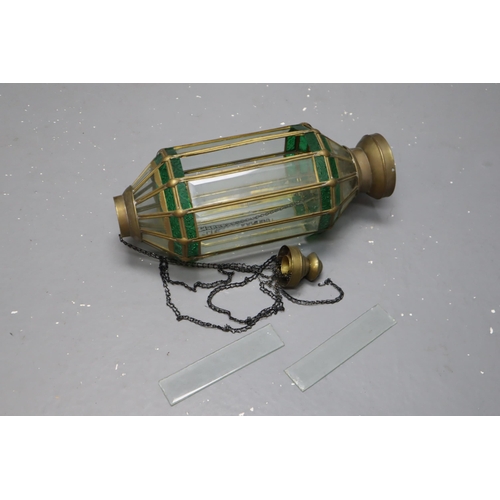 384 - Vintage brass/glass hanging lantern (requires attention, all parts in the box) 22