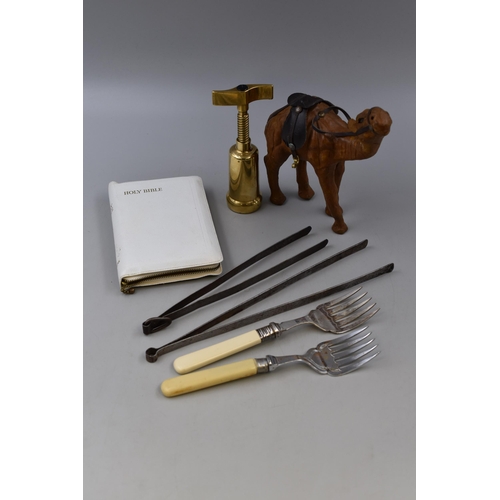 385 - Mixed Selection Including Wine Cork Screw, Leather Camel, Holy Bible and Cutlery