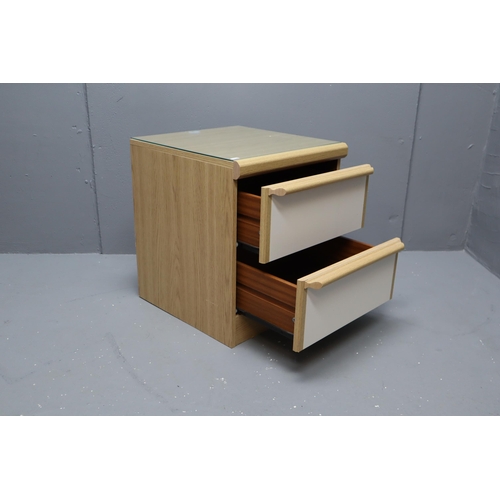 626 - Two drawer pine bedside table with glass top and white drawer fronts (21.5