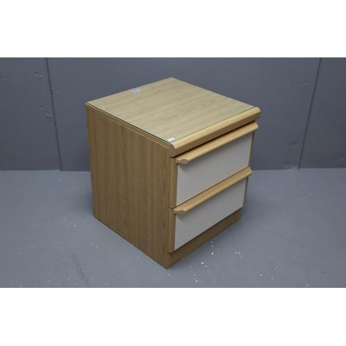 626 - Two drawer pine bedside table with glass top and white drawer fronts (21.5