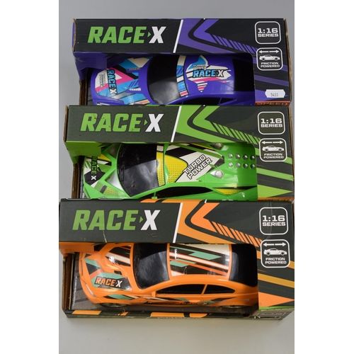 425 - Collection of Three Race X Friction Powered Racing Cars, Scale 1:16, Complete With Original Boxes, A... 