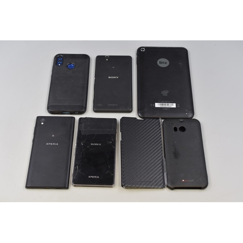 435 - Four phones to include Sony, a linx tablet and two phone cases (a/f)