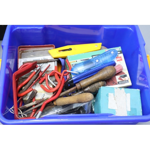 719 - Five Storage Tubs Complete with Contents to include Tools, Electric Sockets Plus Tester, Lamp Holder... 