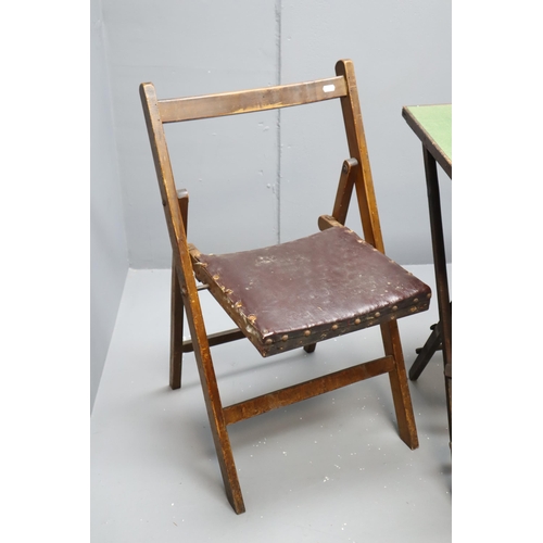 576 - Two Vintage Wooden Fold Chairs one with Leather Seat and a Folding green Base Card Table