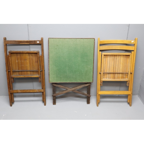 576 - Two Vintage Wooden Fold Chairs one with Leather Seat and a Folding green Base Card Table