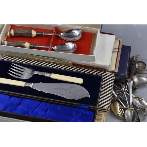 890 - A Large Selection of Vintage Cutlery, To Include Horn Handled Carving Sets, Coffee Spoons, Sterling ... 