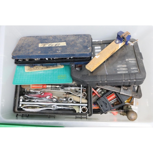 841 - Two Box Mixed Lot to include Cased Soldering Gun, Spanners, Socket Set, Small Vice, Wrenches, Pliers... 