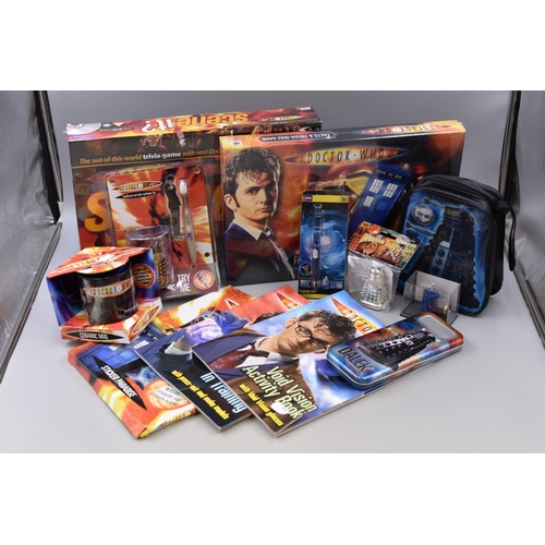 858 - A Selection of Doctor Who Items To Include Mug, Two Sealed Board Games, TARDIS Keyring, And More