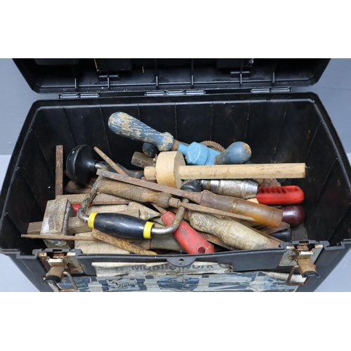 877 - A Toolbox Containing Various Woodworking Tools (Files, Hand Drills, Etc)