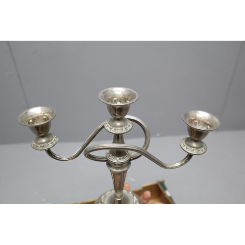 907 - A Selection of Silver Plated and Pewter Ware To Include Erotic Tankard, Vases, Tray, Candelabra, And... 