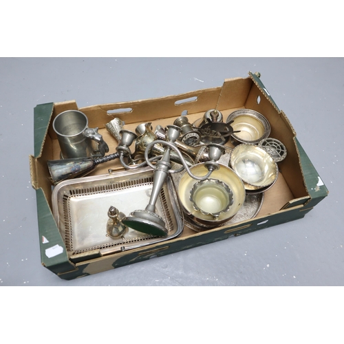 907 - A Selection of Silver Plated and Pewter Ware To Include Erotic Tankard, Vases, Tray, Candelabra, And... 