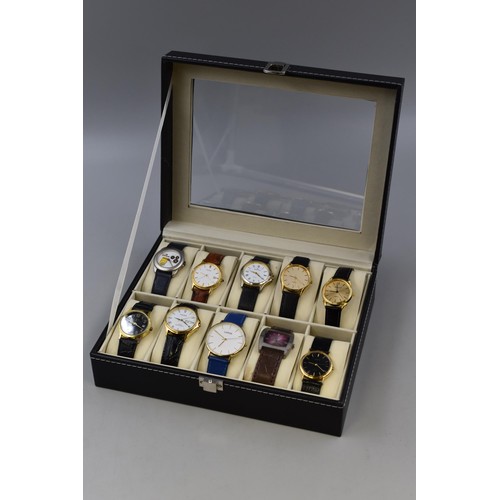 89 - A Faux Leather Ten Watch Presentation Box With Ten Working Quartz Watches