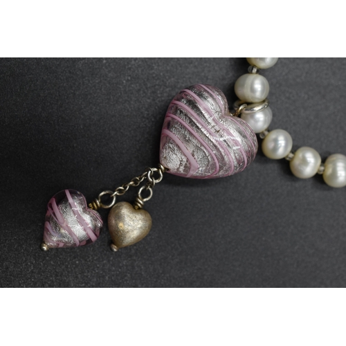 74 - A 925. Silver Clasped Pearl Necklace, With Heart Pendant