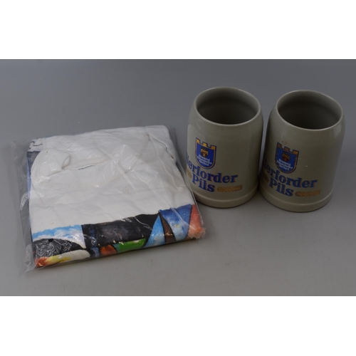 271 - Two German Herforder Pils Ceramic Pint Tankards, With Holsten Pils T-Shirt