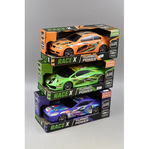 425 - Collection of Three Race X Friction Powered Racing Cars, Scale 1:16, Complete With Original Boxes, A... 