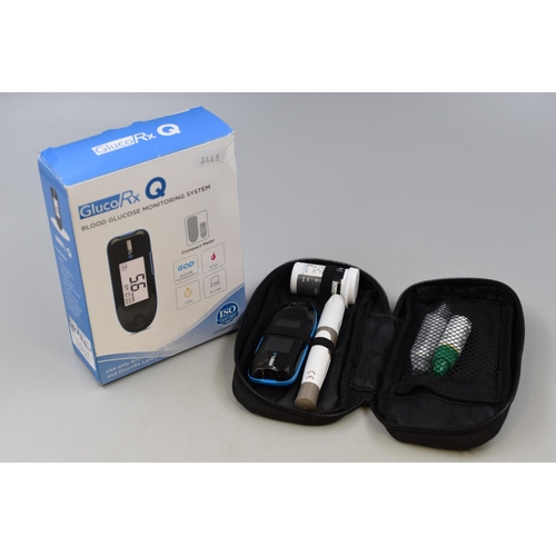 428 - Boxed as New Gluco RX Q Blood Glucose Monitoring Kit seems to be complete