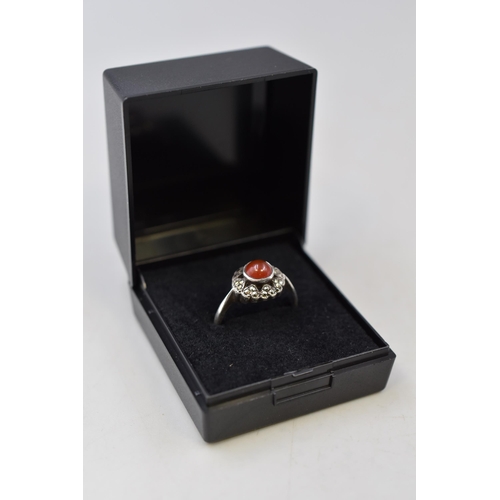 2 - Silver 925 Marcasite and Carnelian stoned Ring (Size N) Complete with Presentation Box