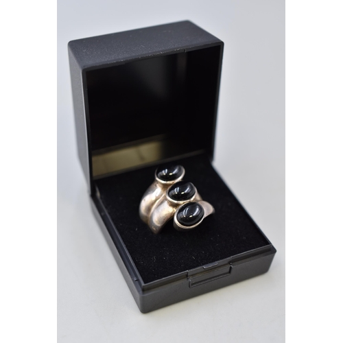 4 - Silver 925 Three Black Stone Ring Size L