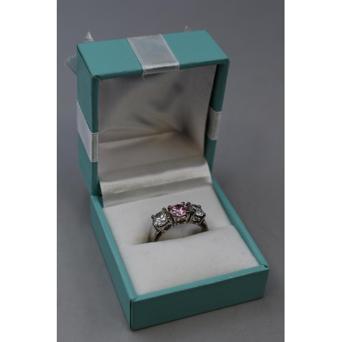 21 - Silver 925 pink and white stoned ring (Size P)