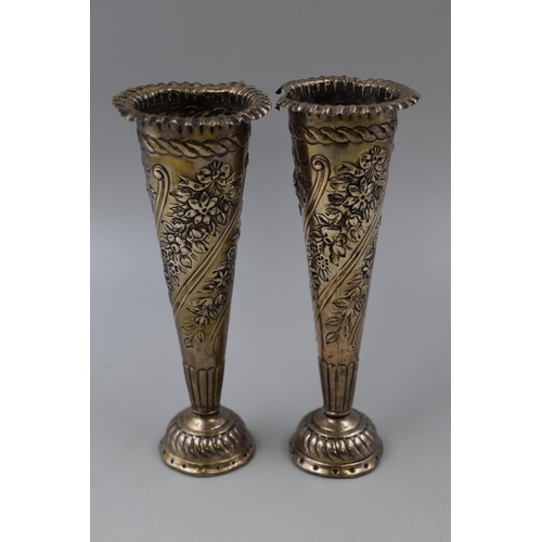 25 - A Pair of Victorian Hallmarked London Silver Floral Vases, Circa 1893. Approx 7.5