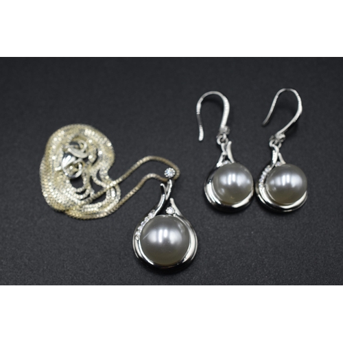 47 - Silver 925 Simulated Pearl Pendant Necklace and Earrings Complete with Presentation Box